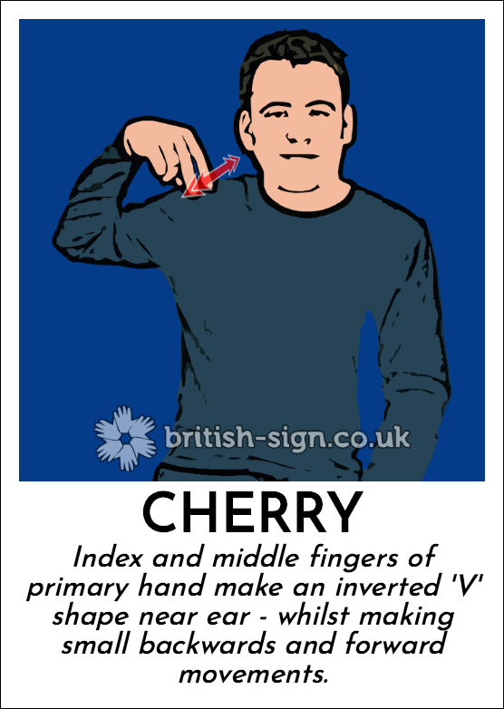 Cherry: Index and middle fingers of primary hand make an inverted 'V' shape near ear - whilst making small backwards and forward movements.